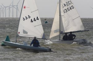 Andy Dunnett in his Laser, and Paul Jackson and Michael Gutteridge in their GP14, find the seas quite choppy