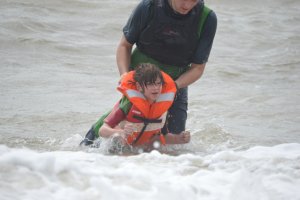 Sam makes it there and back and gets a helping hand when back on shore