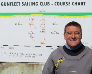 Ken Potts, the winner of the Tony Chadd Trophy, standing by the race board with the course on it
