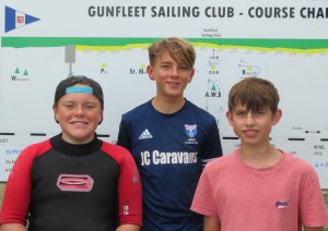 The top three Topper sailors in the second SOS class race.  From left to right:  Alfie Searles who cam second, Harrison Smith who won the race, and Ted Newson who came third.