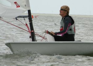 The only lady helm in the first race of the Gunfleet's Winter Series, Yvonne Gough, concentrating hard as she sails her Laser