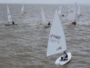 Competitors milling around the Outer Distance Mark, waiting for the second start