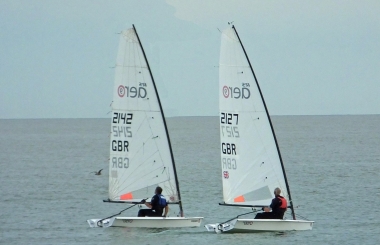 Close sailing - the start, and maximum concentration from Tim Dye and Ken Potts in their RS Aeros