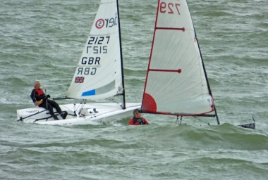Tim Dye in his RS Aero, to windward of John Heath's Blaze in lively seas
