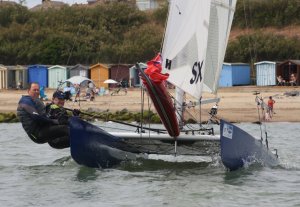 Not so much cat and mouse as a cat and dinghy race; Larry Foxon and Mike Rolfe were over eager on their Hurricane catamaran at the start of the race