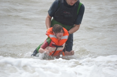 Sam makes it there and back and gets a helping hand when back on shore