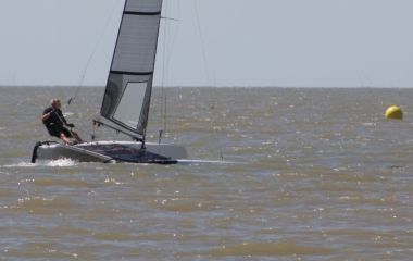 Driving his A-class Catamaran flat out - Brian Allen