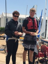 Cadet Commodore Harry Swinbourne and Cadet Rear Commodore Tom Philpot building up their strength before taking part in the Double Dan Race from Brightlingsea to Gunfleet in their 405