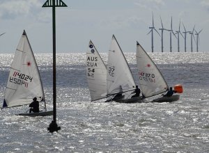 The start of the first race in the Tee Dee Trophy Championship and Ken Potts has prime position in his Laser Radial