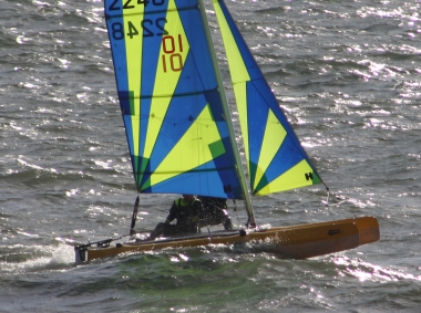 Robert Mitchell and Brian Allen in full flight on their Dart 16 catamaran