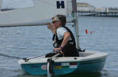 Cath Bicknell slips into the lead on the leg down to the Pier buoy