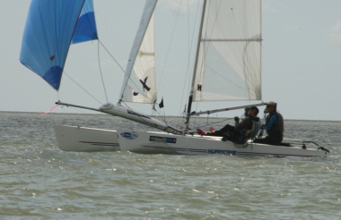 The Hurricane SX, sailed by Matt Burrell and Dan Brzezinski makes an impressive sight with its kite flying