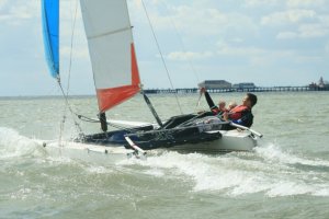 One of the Clacton Sailing Club catamarans going for it!