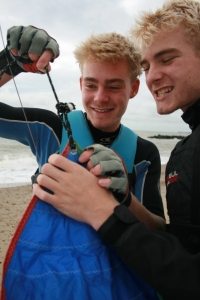 The Aylen brothers - Ross and Caleb - rigging their boat prior to winning the first race in the SOS Cadet 405 Class Points series