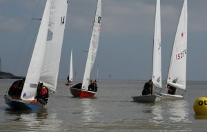 A close finish as competitors cross the line at the end of the first race in Gunfleet's Spring Series