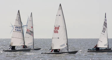 Clare Giles in her Europe, far right, just slips across the line too early at the start of the race