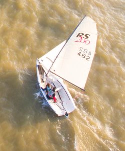 A seagulls-eye view of Steve and Daisy Swinbourne racing their RS 200 in the first of the Wednesday evening Summer Series