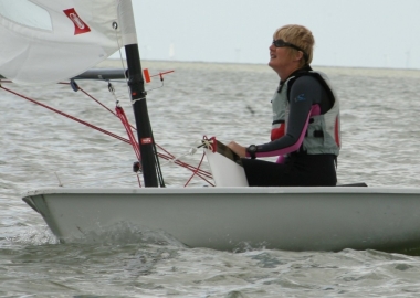 The only lady helm in the first race of the Gunfleet's Winter Series, Yvonne Gough, concentrating hard as she sails her Laser